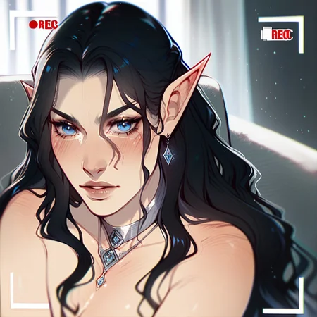 Fullmetal_alchemist style, triba1gir1XL, score_9, score_8_up, score_7_up, 1girl, Arwen_Undómiel, Arwen_(Lord_of_the_Rings), Evenstar, evenstar_pendant, pendant, jewelry, Arwen, elf, blue eyes, black hair, long hair, sidelocks, (embarrassed), sitting, full-face blush, on couch, (recording), media player interface, battery indicator, Scenery, indoors, (casting_couch:1.2)