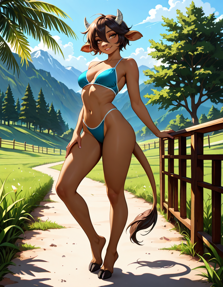 masterpiece, best quality, very aesthetic, absurdres,
outdoors,
standing, posing, 
full body, seductive smile, parted lips, long eyelashes,
<lora:Manitka_Storm_v01_NAIXL:1>
Man1tkaStorm,1gilr,solo,furry,furry female,cow girl,cow ears,cow horns,short hair,black hair,hair between eyes,brown hair,body fur,brown fur,cow tail,hooves,