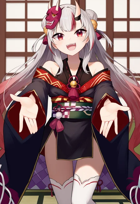 score_9, score_7_up, source_anime, solo, 1girl, AyameBase, happy, open mouth, looking at viewer, outstretched arms, reaching towards viewer, oni horns, long hair, double bun, black kimono, short kimono, hair bell, obi, shimenawa, white thighhighs, bare shoulders, long sleeves, oni mask, mask on head, indoors <lora:style_chocojax_ponyXL-000040:1> <lora:NakiriAyamePDXL:0.9>