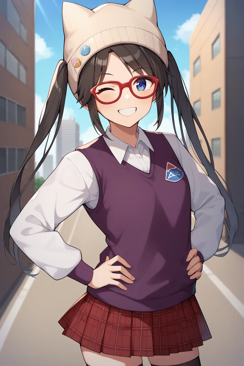 score_9, score_8_up, score_7_up, source_anime,  <lora:mitsumine_yuika_XL:0.9>, yuikamitsumine, 1girl, solo, black hair, long hair, twintails, beanie, brown headwear, cat hat, blue eyes, one eye closed, red-framed eyewear, white shirt, collared shirt, long sleeves, purple vest, sweater vest, red skirt, plaid skirt, pleated skirt, black thighhighs, looking at viewer, smile, teeth, hands on own hips, outdoors, city, cowboy shot