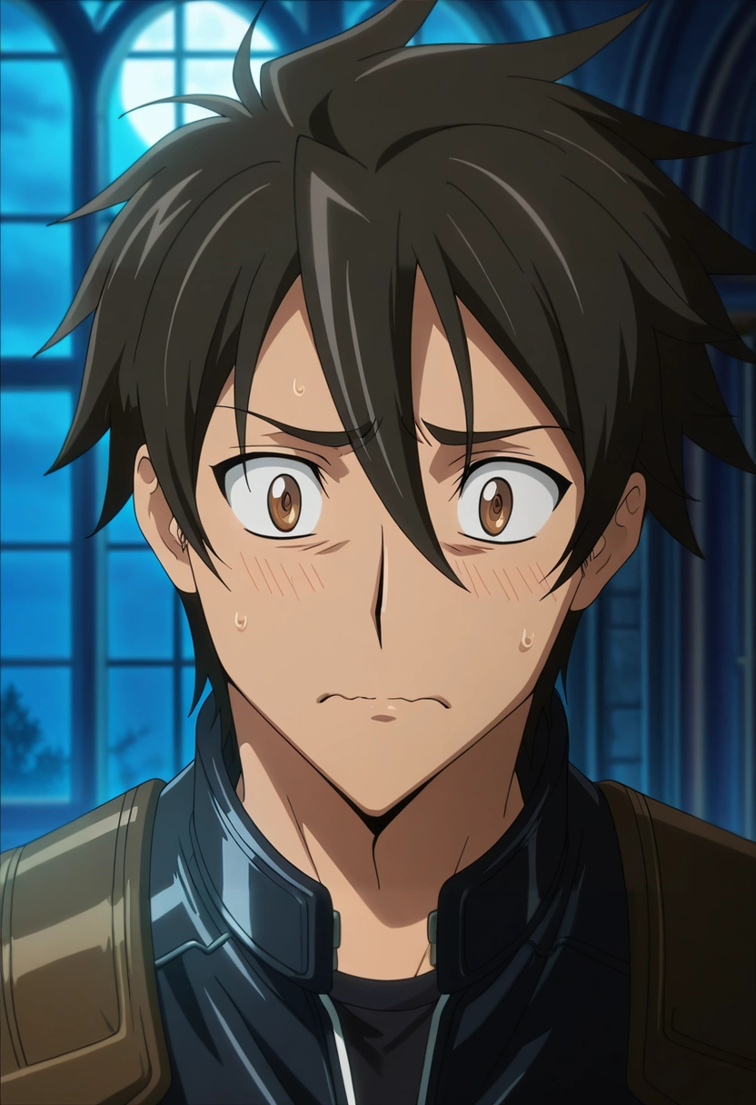 masterpiece, best quality, , anime screencap, anime coloring, official style, , 1boy, solo, male focus, <lora:takashi_komuro_ilxl:0.98>, takashi_komuro, black hair, brown eyes, short hair, hair between eyes, haunted mansion, dusty halls, cobweb corners, old portraits, investigating pose, nervous expression, moonlight, biker costume