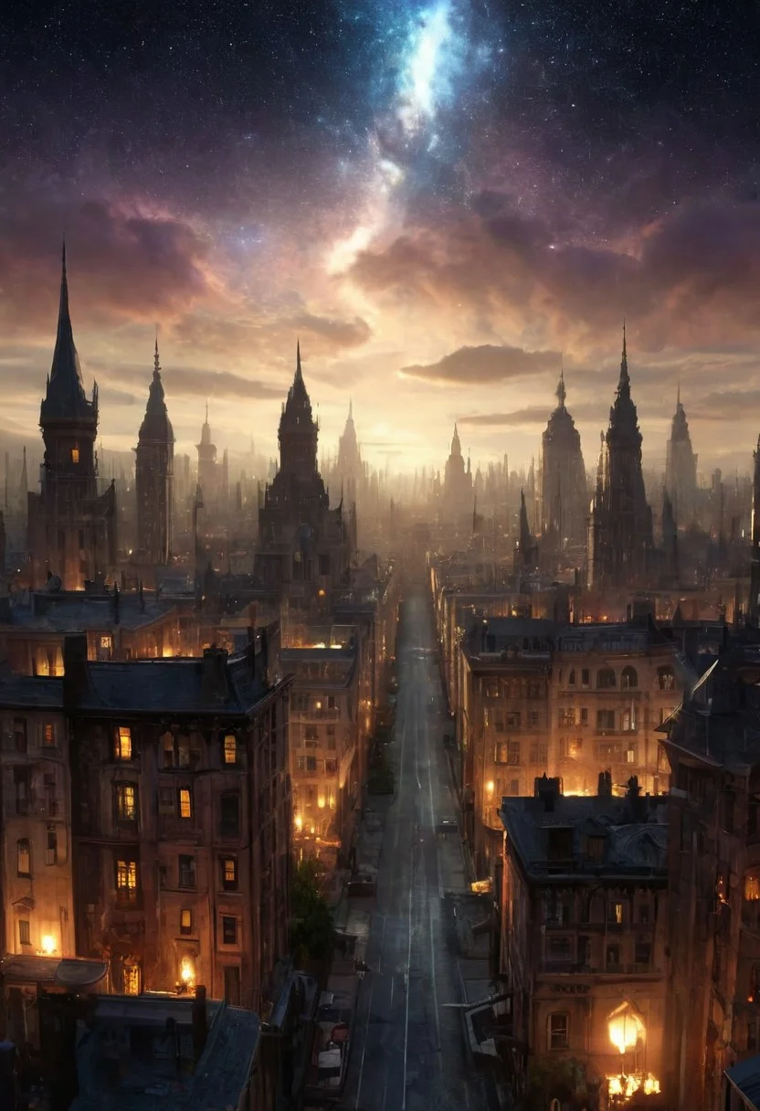 score_9, score_8_up, score_7_up, celestial promenade, the horror of stars, twilight sunshine, cityscape masterpiece, realistic, best quality, cosmic horror, Style-Volumetric, MJgothic, bright horror, MJgothic