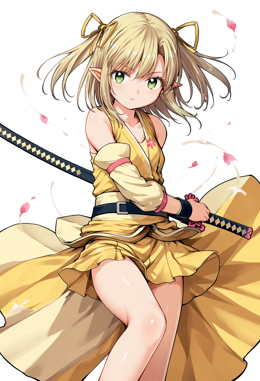 score_9, score_8_up, score_7_up,source_anime,rating_explicit,uncensored,anatomically correct,best perspective BREAK
1girl, solo, <lora:Arisugawa Kinako-ææ å· é»èå:1> arisugawa kinako\(samurai vandalism)\, blonde hair, green eyes, hair ribbon, ribbon, twintails, pointy ears, skirt, single thighhigh, yellow clothes, detached sleeves, <lora:battoujutsu_stance_24retry_pony_rework_final_svd_d8:1> battoujutsu