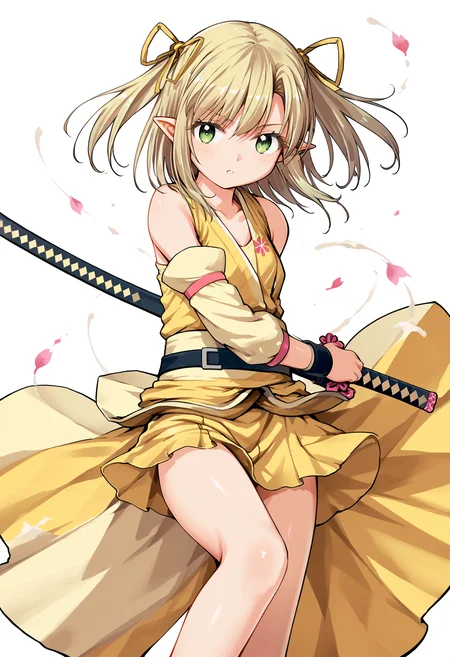 score_9, score_8_up, score_7_up,source_anime,rating_explicit,uncensored,anatomically correct,best perspective BREAK
1girl, solo, <lora:Arisugawa Kinako-ææ å· é»èå:1> arisugawa kinako\(samurai vandalism)\, blonde hair, green eyes, hair ribbon, ribbon, twintails, pointy ears, skirt, single thighhigh, yellow clothes, detached sleeves, <lora:battoujutsu_stance_24retry_pony_rework_final_svd_d8:1> battoujutsu