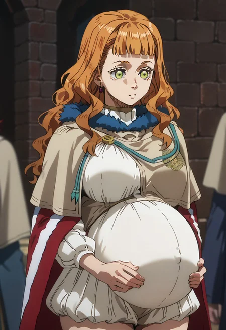 score_9, score_8_up, score_7_up, 1girl, detailed, sidelocks, pregnant,
dress, cape, fur trim, thigh highs, orange hair, long hair, wavy hair, blunt bangs, green eyes, large breasts, earnings, jewelry, thinking, covered navel, white shirt,