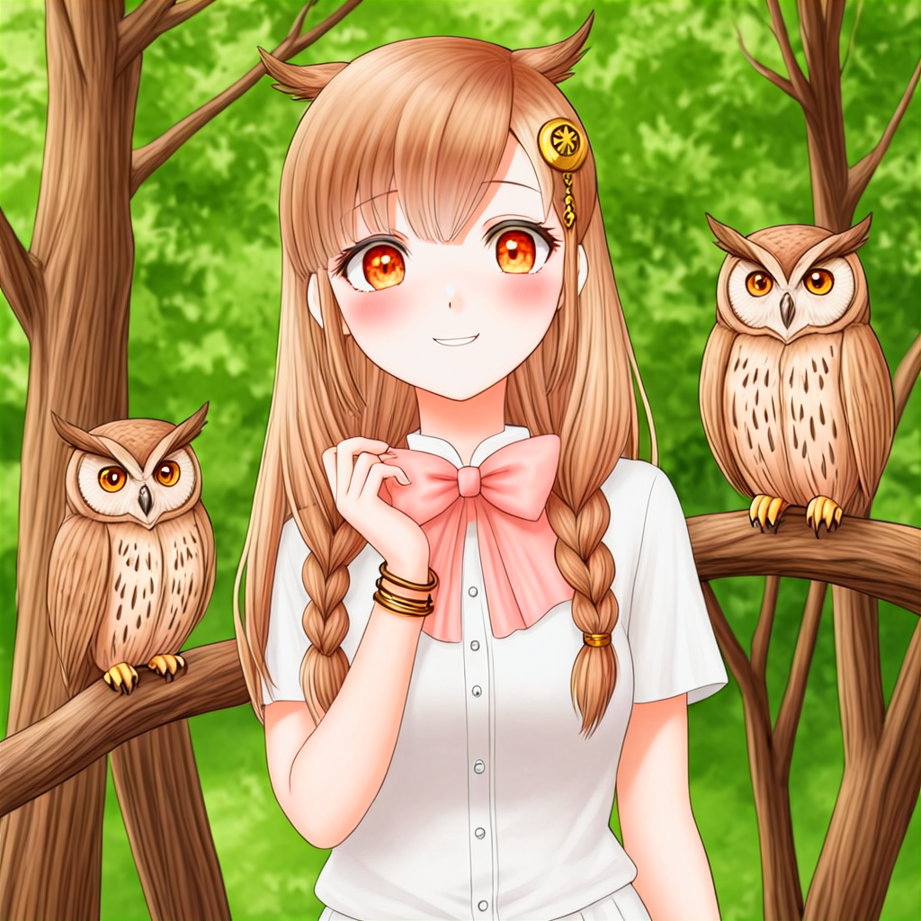 yuni, solo, bangle, blush, bow, bracelet, braid, brown hair, hair ornament, jewelry, crescent hair ornament, long hair, open mouth, smile, solo, virtual youtuber, owl ears,
outdoors, nature, trees, owls, 
 <lora:YUNI-XL-t1:0.6>