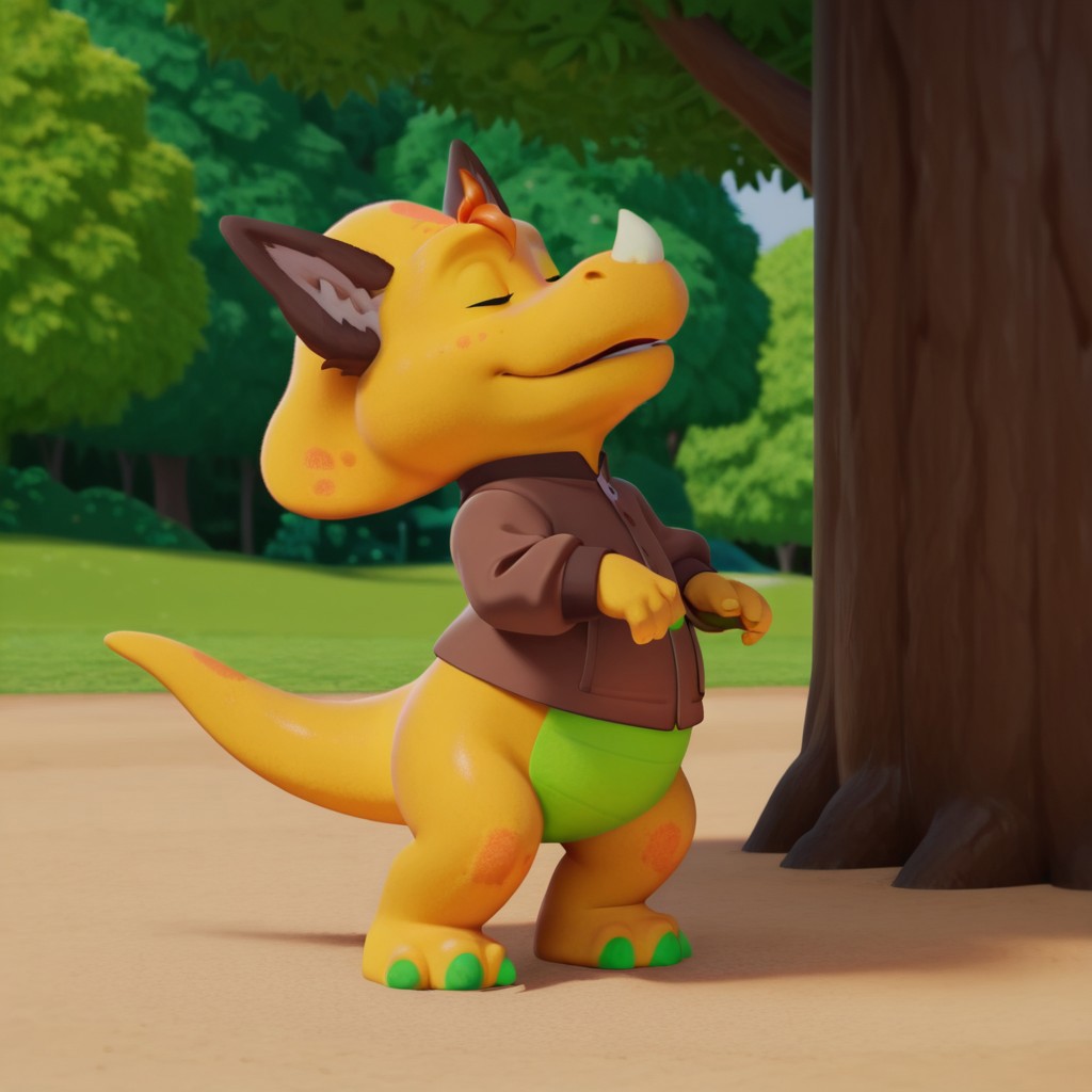 ((masterpiece, best quality, amazing quality,))  billybwil, semi-anthro, male, dinosaur, yellow skin, orange hair tuft, closed eyes, nose horn, wolf ears, brown jacket, outside, standing, solo, howling at moon