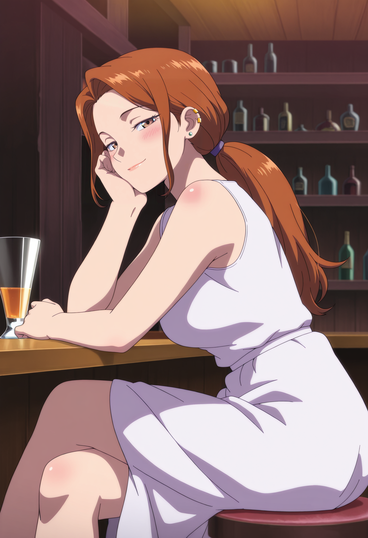 1girl,solo,mm,mature female,long hair,brown hair,brown eyes,ear piercing,anime coloring,
ponytail,white dress,sitting,head rest, crossed legs, looking at viewer, blush, seductive smile, from side, bar \(place\), 
,masterpiece,best quality,amazing quality,<lora:Ira_Choi-The_Girl_Downstairs:0.8>