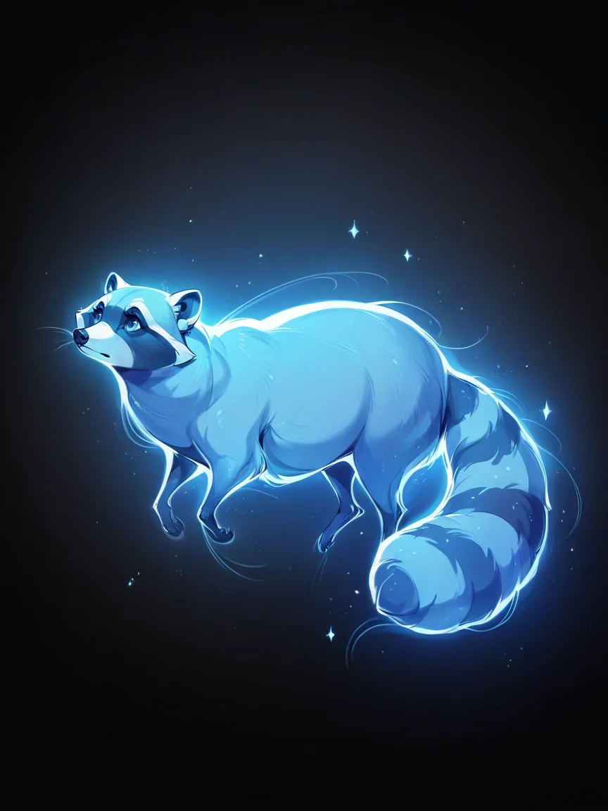 score_9, score_8_up, score_7_up, score_6_up, score_5_up, <lora:p4tr0nusXLP:1> p4tr0nus, no humans, glowing, black background, blue theme, raccoon