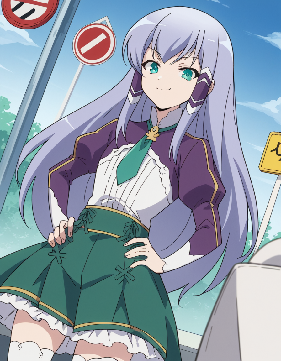 score_9, score_8_up, score_7_up, source_anime, <lora:elze-silhoueska-s2-ponyxl-lora-nochekaiser:1>, elze silhoueska, long hair, blue eyes, green eyes, blue hair, aqua eyes, hair tubes,, skirt, thighhighs, white thighhighs, puffy sleeves, white shirt, necktie, green necktie, purple sleeves, green skirt, frilled skirt, bus stop, waiting, commuter, smartphone, checking time, cold morning, , smug, hand on hips,, looking at viewer, solo,, dutch angle, cowboy shot