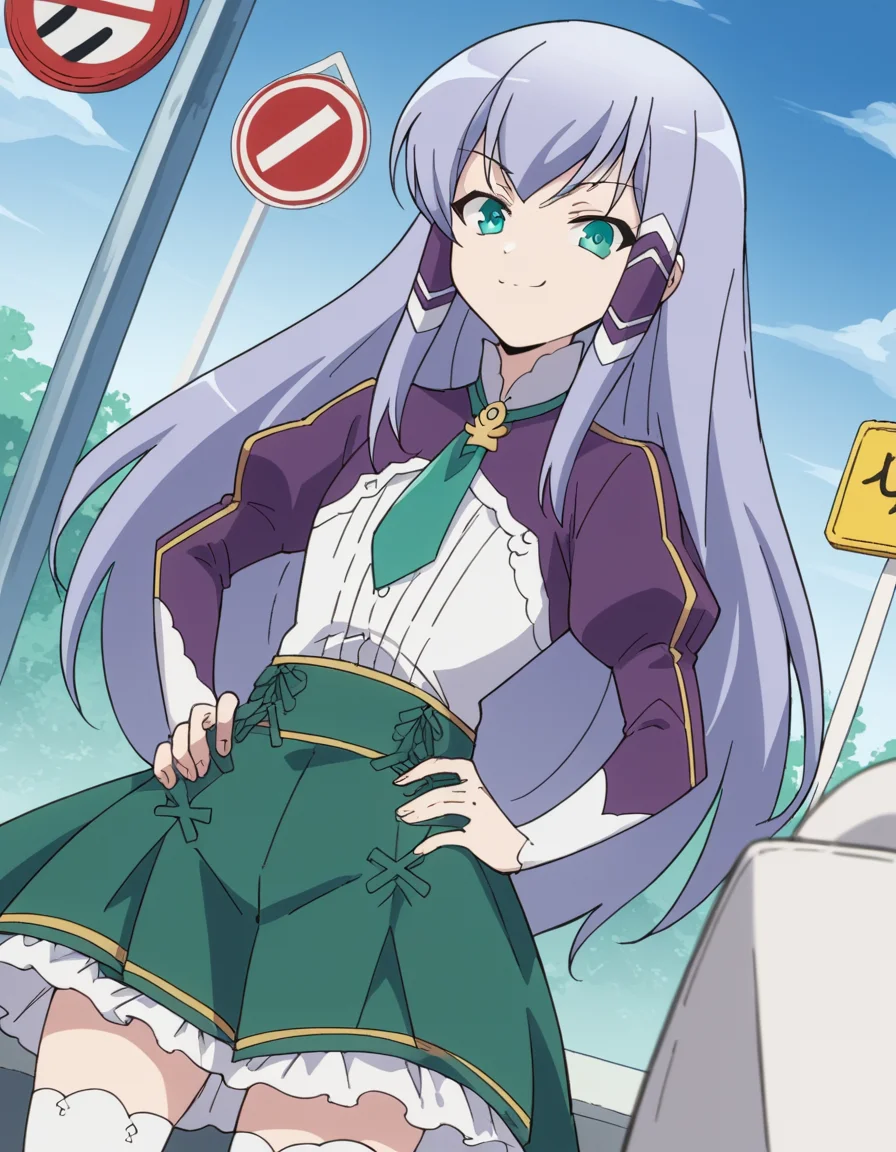 score_9, score_8_up, score_7_up, source_anime, <lora:elze-silhoueska-s2-ponyxl-lora-nochekaiser:1>, elze silhoueska, long hair, blue eyes, green eyes, blue hair, aqua eyes, hair tubes,, skirt, thighhighs, white thighhighs, puffy sleeves, white shirt, necktie, green necktie, purple sleeves, green skirt, frilled skirt, bus stop, waiting, commuter, smartphone, checking time, cold morning, , smug, hand on hips,, looking at viewer, solo,, dutch angle, cowboy shot