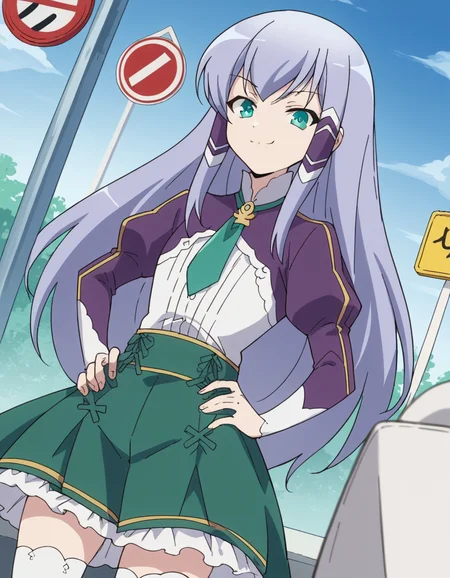 score_9, score_8_up, score_7_up, source_anime, <lora:elze-silhoueska-s2-ponyxl-lora-nochekaiser:1>, elze silhoueska, long hair, blue eyes, green eyes, blue hair, aqua eyes, hair tubes,, skirt, thighhighs, white thighhighs, puffy sleeves, white shirt, necktie, green necktie, purple sleeves, green skirt, frilled skirt, bus stop, waiting, commuter, smartphone, checking time, cold morning, , smug, hand on hips,, looking at viewer, solo,, dutch angle, cowboy shot