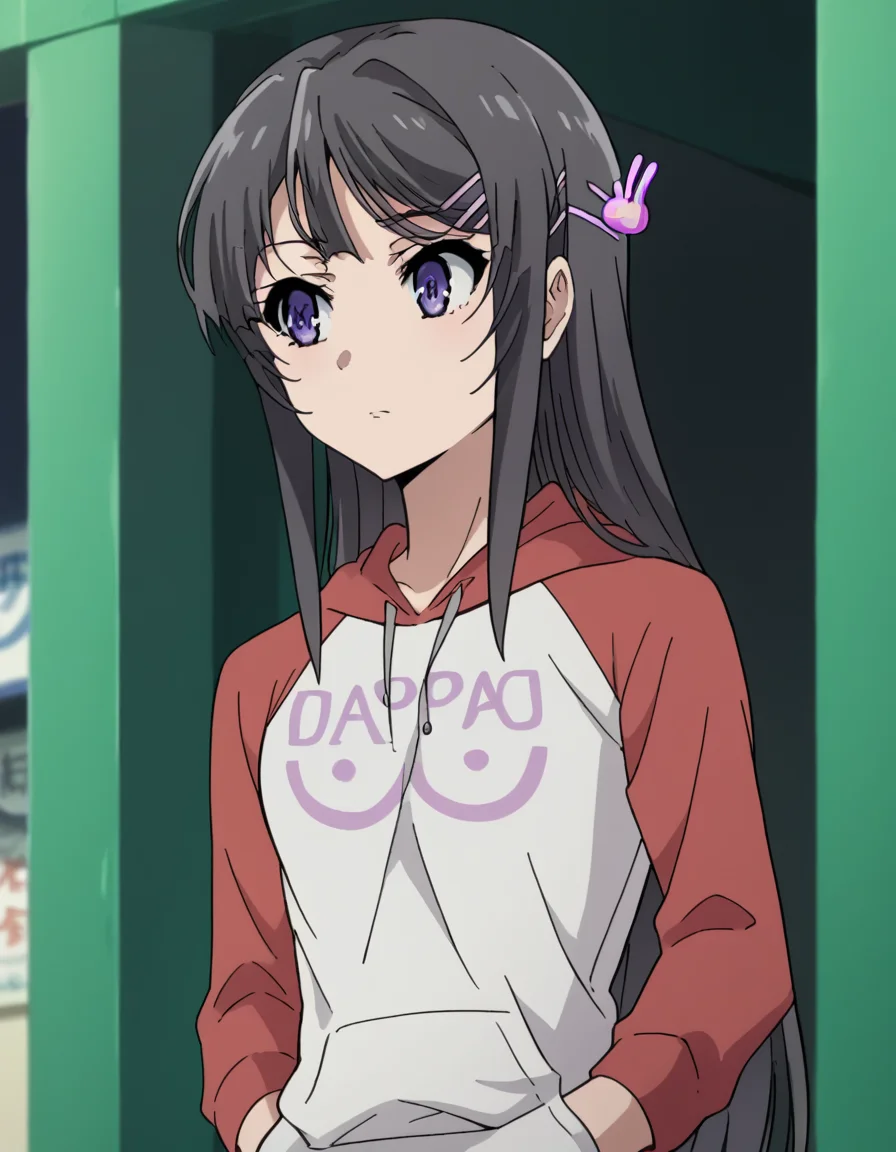 score_9, score_8_up, score_7_up, source_anime, maisakurajima, <lora:mai-sakurajima-s1-ponyxl-lora-nochekaiser:1> mai sakurajima, long hair, bangs, black hair, hair ornament, purple eyes, hairclip, rabbit hair ornament,, <lora:oppai-hoodie-ponyxl-lora-nochekaiser:1>, oppai hoodie, hoodie, raglan sleeves, clothes writting, hands in pocket,, outdoors, street,, cowboy shot, dutch angle, solo,