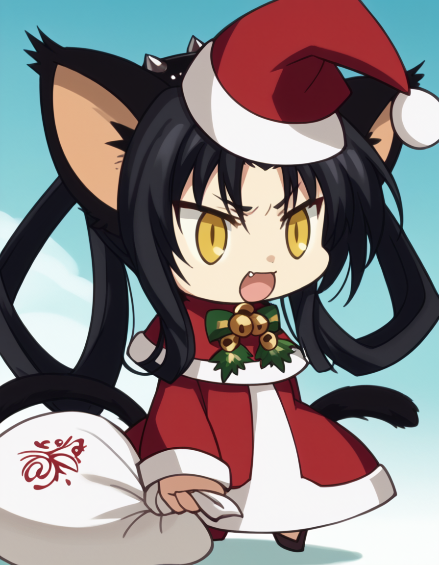 score_9, score_8_up, score_7_up, source_anime, <lora:dxd-kuroka-s3-ponyxl-lora-nochekaiser:1>, kuroka, long hair, black hair, animal ears, tail, cat ears, cat tail, multiple tails, hair rings, nekomata, yellow eyes, slit pupils, parted bangs, sidelocks, anime screencap,, <lora:padoru-ponyxl-lora-nochekaiser:1>, padoru, padoru (meme), holding sack, sack, santa hat, meme, christmas, open mouth, chibi, red capelet, santa dress, capelet, fur-trimmed headwear,, , dutch angle, cowboy shot