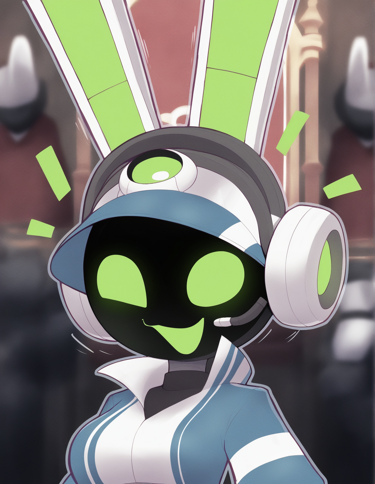 <lora:tempo-turbo-blast_vpred-noobaiv10_:1> (masterpiece, best quality, highres, absurd res, newest), scenery, (by milachu92, apple ringo:1.1), (masterpiece, best quality, highres, absurd res, newest), project turboblast, tempo \(project turboblast\), animal humanoid, humanoid, lagomorph, leporid, mammal, rabbit, robot, robot humanoid, anthro, armor, big butt, clothed, clothing, earpiece, female, green eyes, green mouth, headgear, headphones, headset, helmet, long ears, machine, motion lines, screen face, solo, white ears, wide hips, (detailed background:1.1), throne room, (blurry background, blurry, depth of field:1.1), (short, shortstack, short stack:0.6), glowing, glowing eyes, glowing mouth, (upper body:1.2), looking at viewer, solid eyes, simple eyes, toony, front view, cute, open smile, wink,âââ leaning back, (face focus, bust portrait:1.1),âââ