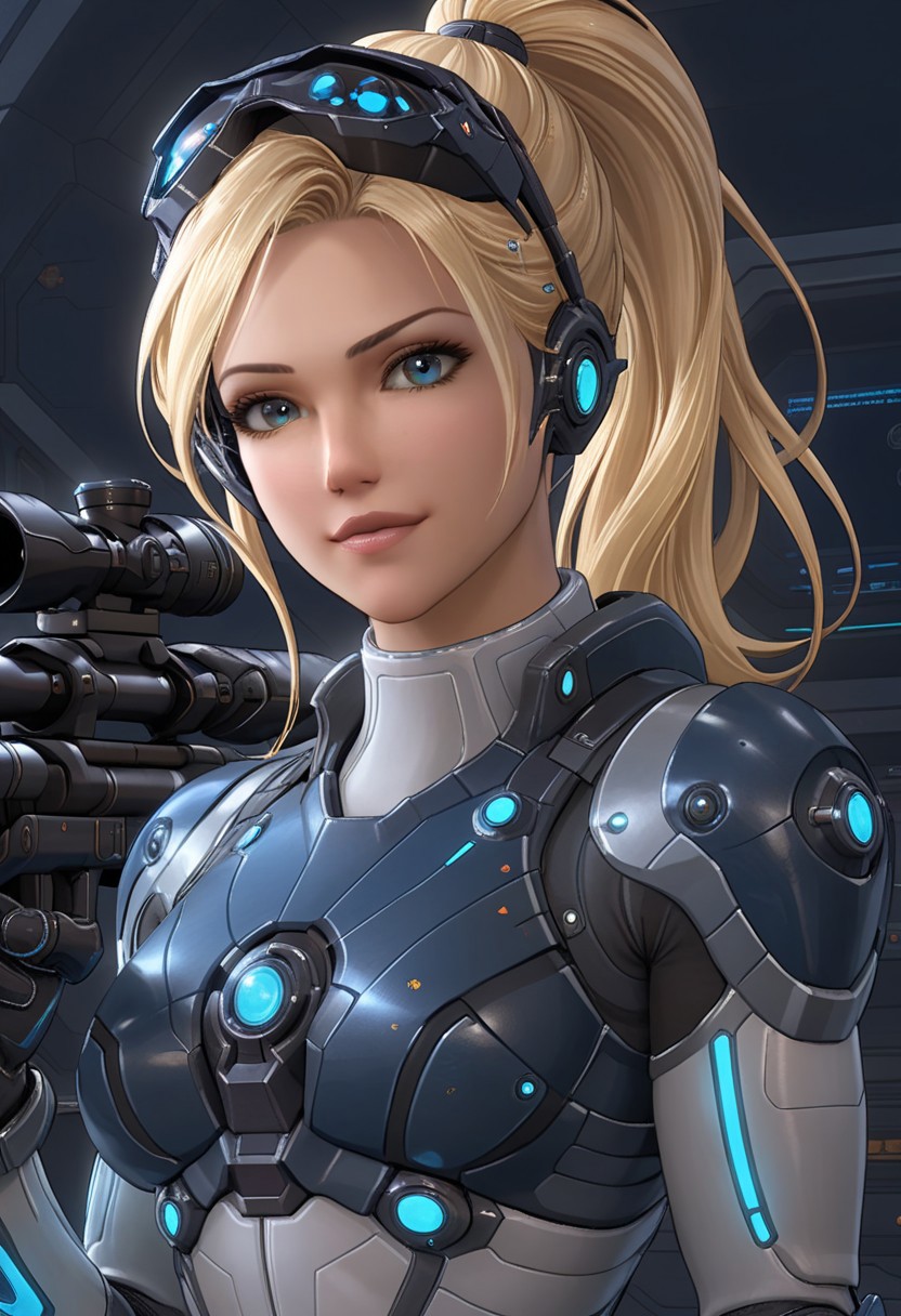 (masterpiece, top quality, 8K, high details), (comics), volumetric light, sfx effect accentuating the voluptuousness of the character, breathtaking, (medium full shot),
(solo female, "Nova Terra" from Starcraft), "Nova Terran" mature detailed face, smirk,posture exudes strength and precision, smooth brows, attractive eyelashes, soft makeup,blonde long detailed smooth hair, High Ponytail hairstyle, large hip, fit torso,blue eyes, detailed eyes, eyes reflection, round iris of the eye, round pupil, symmetrical eyes,  covert ops background, (futuristic sniper riffle, holding a sniper in one hand),
(psychic effect emanating from her swirling purple and blue energy, The psychic power crackles like electricity warping the air around her with rippling waves, Nearby stones levitate and glow faintly under the psionic energy's influence),
BREAK,
A sleek futuristic grey breastplate and grey armored gloves and grey armored shoulder pads and grey reinforced boots with smooth futuristic grey metallic surfaces,armor features glowing blue neon accents running along the edges of the suit creating a high-tech and tactical appearance, (white inner suit cloth), The tight fitting combat suit is detailed with subtle engravings and blue panels that emphasize its advanced technology,
BREAK,
night visor,night visor on top of the head