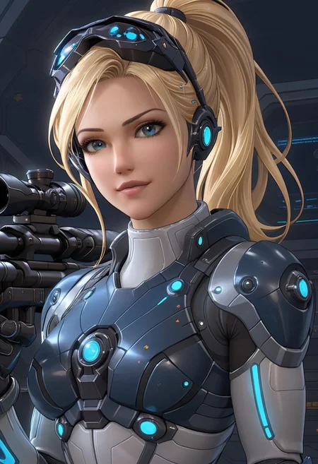 (masterpiece, top quality, 8K, high details), (comics), volumetric light, sfx effect accentuating the voluptuousness of the character, breathtaking, (medium full shot),
(solo female, "Nova Terra" from Starcraft), "Nova Terran" mature detailed face, smirk,posture exudes strength and precision, smooth brows, attractive eyelashes, soft makeup,blonde long detailed smooth hair, High Ponytail hairstyle, large hip, fit torso,blue eyes, detailed eyes, eyes reflection, round iris of the eye, round pupil, symmetrical eyes, covert ops background, (futuristic sniper riffle, holding a sniper in one hand),
(psychic effect emanating from her swirling purple and blue energy, The psychic power crackles like electricity warping the air around her with rippling waves, Nearby stones levitate and glow faintly under the psionic energy's influence),
BREAK,
A sleek futuristic grey breastplate and grey armored gloves and grey armored shoulder pads and grey reinforced boots with smooth futuristic grey metallic surfaces,armor features glowing blue neon accents running along the edges of the suit creating a high-tech and tactical appearance, (white inner suit cloth), The tight fitting combat suit is detailed with subtle engravings and blue panels that emphasize its advanced technology,
BREAK,
night visor,night visor on top of the head