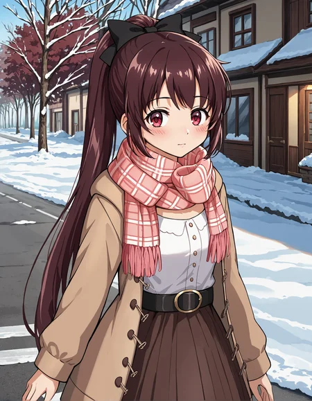 score_9, score_8_up, source_anime, 1girl, upper body, medium shot, detailed, mgrcamanetsukasa, tskwtr, dark red hair, high split ponytail, dark red eyes, black hair bow, pink plaid scarf, white top, black belt, brown open coat, dark brown skirt, hands on lap, blush, outdoors, road, winter, snow, (side view:0.6), looking at viewer, <lora:mgrcamanetsukasa_XL:0.95>