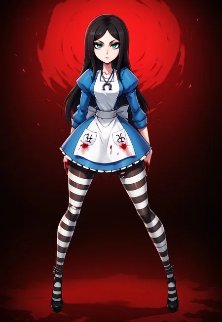 safe_pos, beautifyl eyes, e((extra thicc))), one woman, sexy,(big normal hands,) (, extra thick thighs, , ,female, 1girl tall female,  expressionless , sexy pose, alone,,mcgeealicewhite apron,, necklace, dark alice, Alice: Madness Returns, blood, green eyes, high heels, high waist ttorn striped pantyhose (((long legs)))tall,