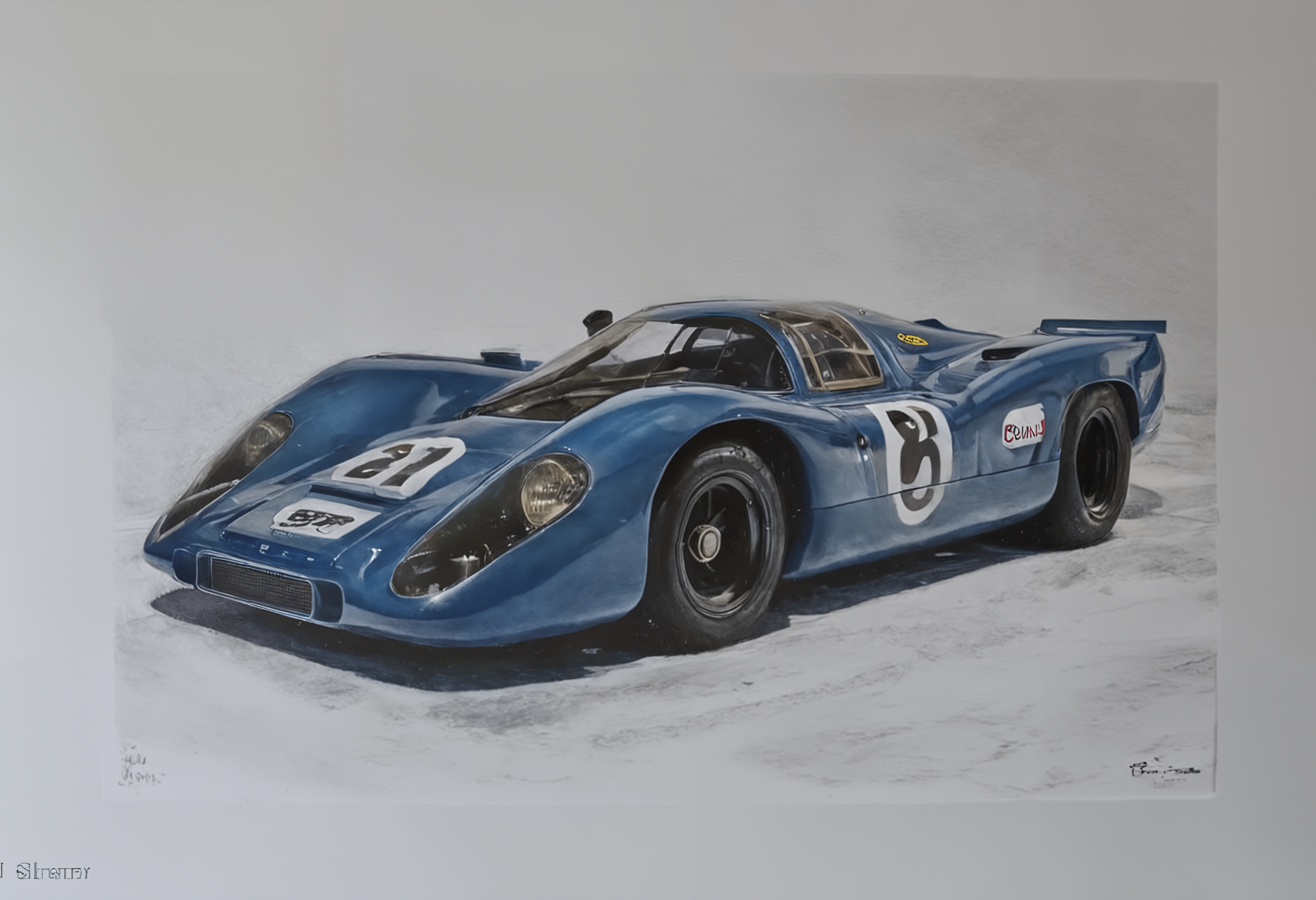 a (in the style of nicola samori:1.5) (lithograph oil pastel drawing:1.25) of a  Navy Blue porsche917,  l960sm1deng1ne, past the swimming pool at Monaco  in Snowfall: Blanketing landscapes in serene and pure white, offering a sense of tranquility., dynamic motion blur,    , ((high view )),  dark, chiaroscuro, low-key  low color saturation, concept art, perfect composition, masterpiece, professional photography, zeiss lens, shot on dslr 64 megapixels, sharp focus, intricately detailed, dramatic, tilt shift, f/32,