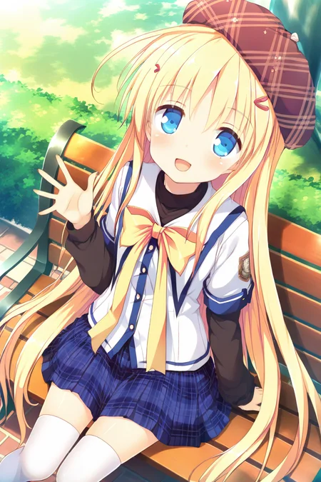 masterpiece,best quality,amazing quality,highres,scenery,newest,1girl,official style,anzu, blonde hair, blue eyes, hair ornament, long hair, hairclip,anzu school, thighhighs, hat, white thighhighs, school uniform, skirt, very long hair,over sleeve, zettai ryouiki, <lora:anzu-000026:1>,looking at viewer, outdoors,from above,smile,open mouth,park bench, waving,