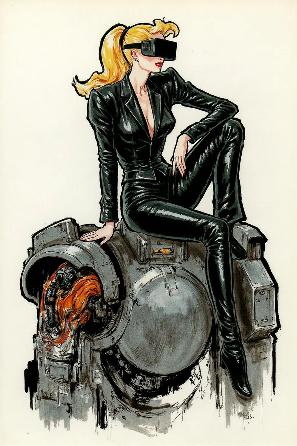 regr1 sketch A striking, futuristic scene depicts a woman dressed in sleek, form-fitting leather attire, sitting confidently atop an open power suit, inspired by the cyberpunk aesthetics of Masamune Shirow. The power suit, a blend of advanced technology and military-grade armor, features intricate mechanical details, exposed wiring, and a robust, yet streamlined design. The woman, wearing a cutting-edge VR headset, exudes a sense of control and mastery over the machine beneath her. Her posture is relaxed yet commanding, with one hand resting on the suit's metallic surface and the other casually holding a piece of advanced tech. <lora:regr2_fashion_nocap_d6a3:1.0><lora:807700507608150173:0>