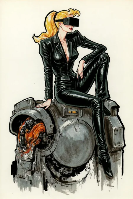 regr1 sketch A striking, futuristic scene depicts a woman dressed in sleek, form-fitting leather attire, sitting confidently atop an open power suit, inspired by the cyberpunk aesthetics of Masamune Shirow. The power suit, a blend of advanced technology and military-grade armor, features intricate mechanical details, exposed wiring, and a robust, yet streamlined design. The woman, wearing a cutting-edge VR headset, exudes a sense of control and mastery over the machine beneath her. Her posture is relaxed yet commanding, with one hand resting on the suit's metallic surface and the other casually holding a piece of advanced tech. <lora:regr2_fashion_nocap_d6a3:1.0><lora:807700507608150173:0>