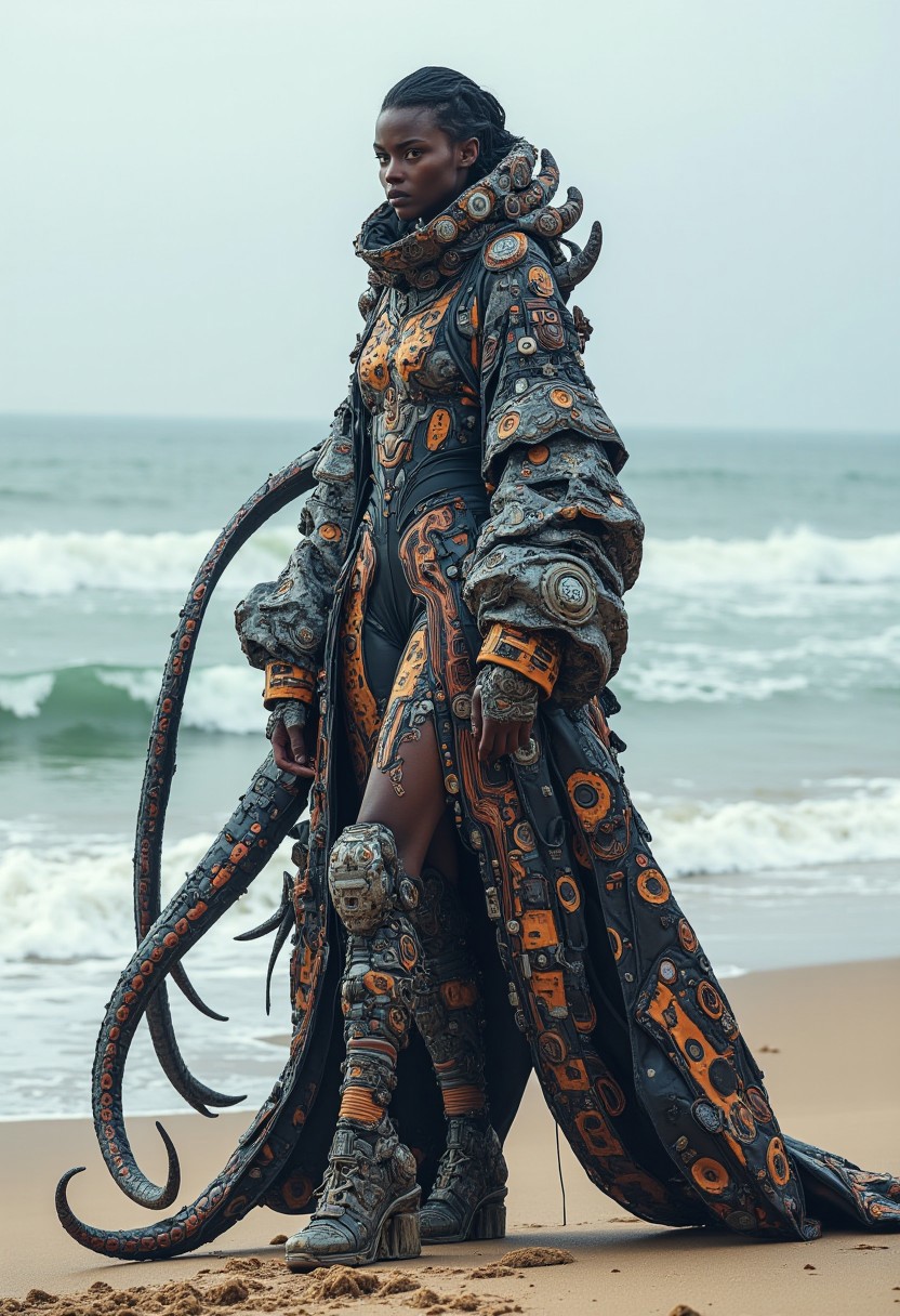 Full body shot beautiful woman dressed in her octopus coat stands next to the beach, tentacles, dramatic scenery, reminiscent of the styles of Simon Stalenhag, Loish, and Ash Thorp, blending traditional African aesthetics with futuristic, sci-fi elements, post-apocalyptic grandeur, cyberpunk, insane detail, midjourney_whisper_avant_couture