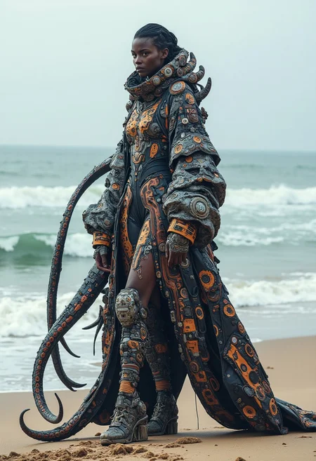Full body shot beautiful woman dressed in her octopus coat stands next to the beach, tentacles, dramatic scenery, reminiscent of the styles of Simon Stalenhag, Loish, and Ash Thorp, blending traditional African aesthetics with futuristic, sci-fi elements, post-apocalyptic grandeur, cyberpunk, insane detail, midjourney_whisper_avant_couture