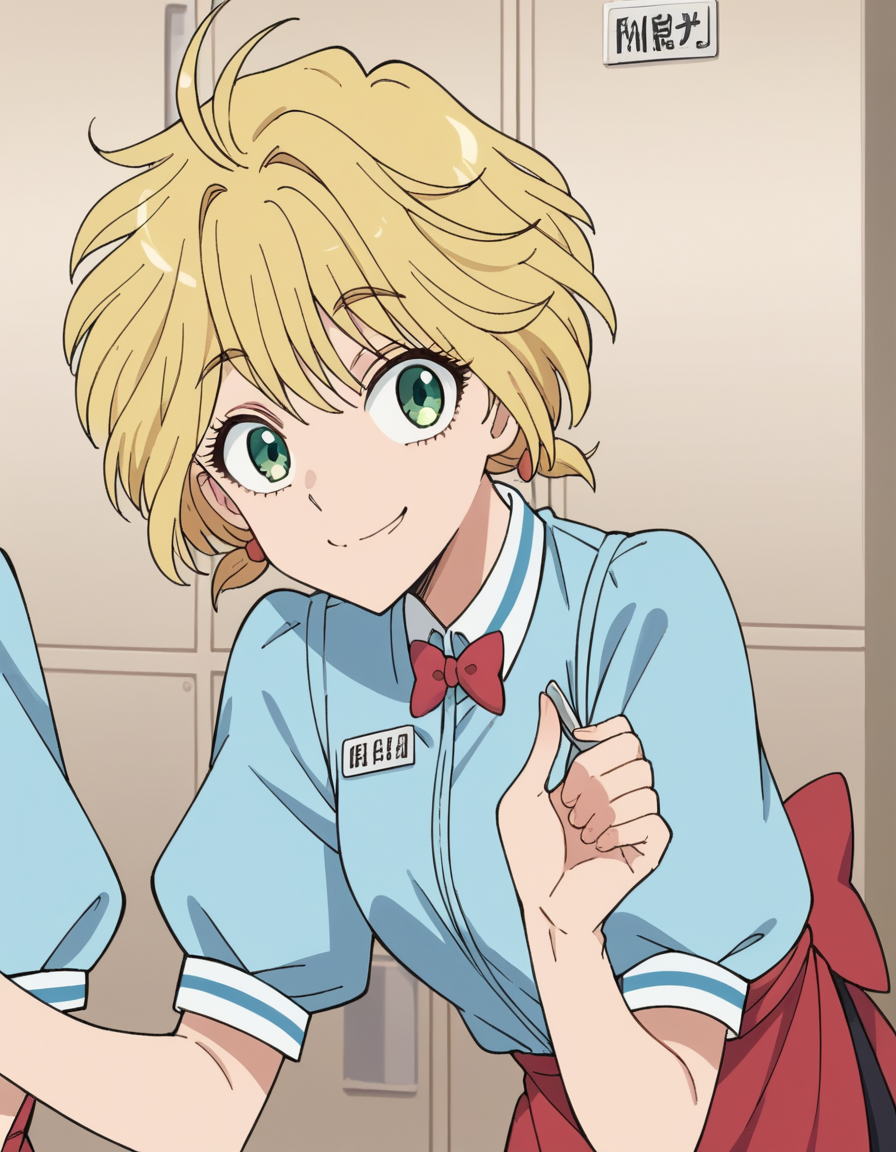 score_9, score_8_up, score_7_up, source_anime, <lora:yui-nishida-s1-ponyxl-lora-nochekaiser:1>, yui nishida, short hair, blonde hair, green eyes, ahoge,, shirt, bow, short sleeves, puffy sleeves, apron, blue shirt, name tag, waitress,, indoors, bent over, smile, smug, looking at viewer, solo,, cowboy shot, dutch angle