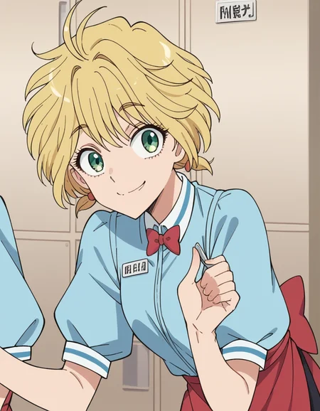 score_9, score_8_up, score_7_up, source_anime, <lora:yui-nishida-s1-ponyxl-lora-nochekaiser:1>, yui nishida, short hair, blonde hair, green eyes, ahoge,, shirt, bow, short sleeves, puffy sleeves, apron, blue shirt, name tag, waitress,, indoors, bent over, smile, smug, looking at viewer, solo,, cowboy shot, dutch angle