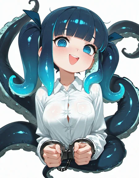 masterpiece, best quality, amazing quality, very aesthetic, high resolution, <lora:porforever_style_v3_illustrious_epoch_7:0.9>,
por4ever, 1girl, solo, long hair, breasts, looking at viewer, smile, open mouth, bangs, blue eyes, simple background, shirt, long sleeves, white background, twintails, blue hair, white shirt, upper body, :d, collared shirt, blunt bangs, monster girl, tentacles, cuffs, @_@, tentacle hair, triangle mouth, ringed eyes, handcuffs, suction cups,
