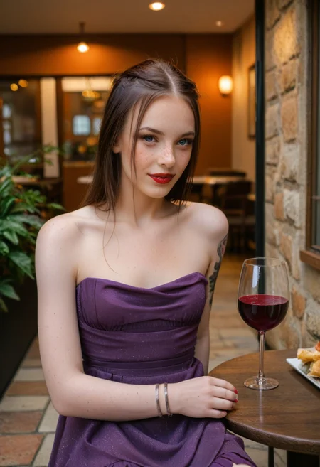 sarah, 1girl, solo, sitting, restaurant, patio, sidewalk, close up of face and chest, wine glass, red lipstick, upper body, small breasts, bracelet, arm tattoo, freckles, seductive, skinny, braless, breasts apart, low cut dress, purple dress, midriff, strapless