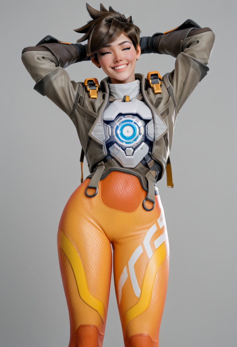 , (WHITEBOXXX:1.5), score_9, score_8_up, score_8, score_7_up, score_7, score_6_up, score_5_up, solo, photo realistic, ,tracer,lean,eyeliner, seductive, thin waist, big ass, yellow leggings, bodysuit, hands behind head,smile, jacket, chest harness,
more realistic,detailed,complex details,Ultra HD 32k,complex background,dynamic lighting,cinematic,4k,clear focus,detailed character design,ultra-high resolution,perfectly composed,very clear,breathtaking attention to detail, big perfect tits, big ass