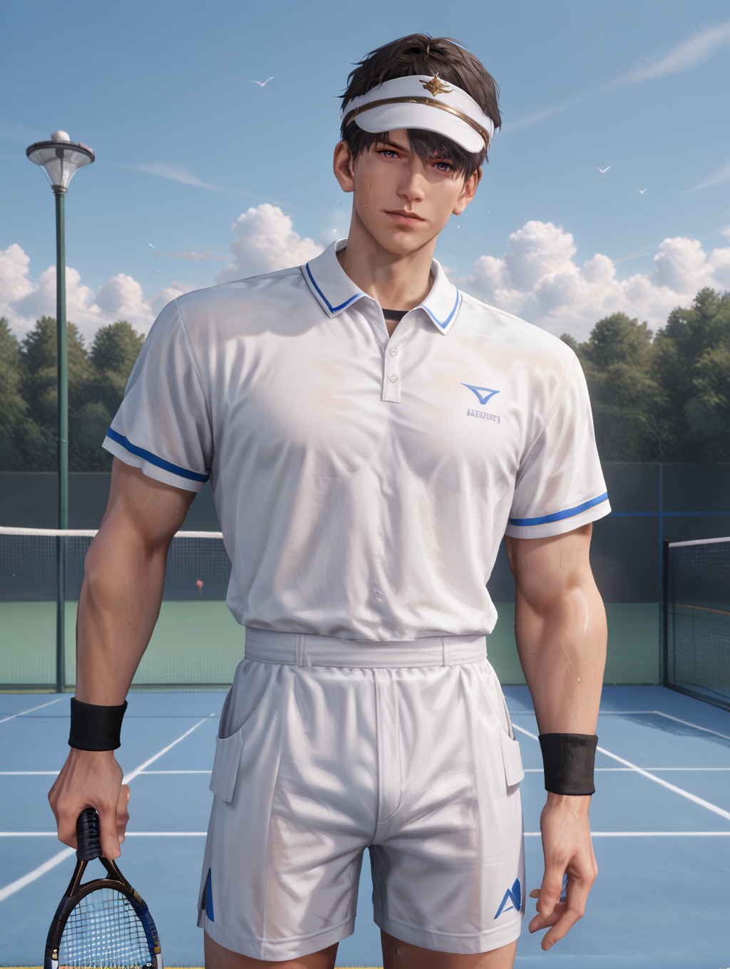 score_9,score_8_up,score_7_up,1boys,solo,yaoi,bara,male focus,nsfw,uncersored,highres,best quality,amazing quality,best aesthetic,absurdres,<lora:caleb-000004:0.8>,caleb,tennis_uniform,standing,holding hat,looking at viewer,sweat,tennis court,