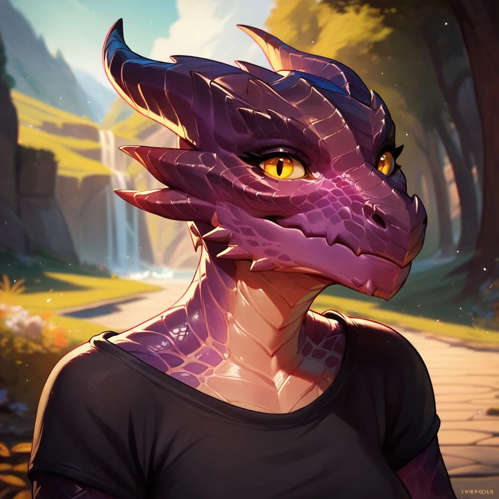 (((beautiful, high quality))), upper body, score_9, score_8_up, score_7_up, solo,
looks at the viewer,
Dragonborn, furry dragon,
1girl, yellow eyes, purple scales, black top,
outdoor, fantasy background, nature, blurred background,
