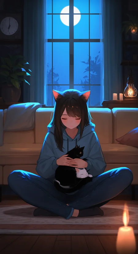 masterpiece, best quality, good quality, very aesthetic, absurdres, newest,1girl, solo, long hair, blush, brown hair, black hair, long sleeves, holding, animal ears, closed mouth, sitting, closed eyes, socks, pants, indoors, hood, cat ears, pillow, window, hoodie, swept bangs, night, animal, hood down, moon, cat, cat girl, sleeping, plant, fire, denim, curtains, crescent, facing viewer, couch, backlighting, jeans, wooden floor, on floor, drawstring, clock, potted plant, candle, lamp, on couch, indian style, holding animal, black cat, blue hoodie, grey hoodie, white cat, carpet, on lap, holding cat, light bulb, rug, animal on lap, pet, hanging hanging_plant, <lora:ponyv5_noobV065S_1_adamW-000013:0.7> <lora:USNR_STYLE_XL_lokr:0.45>