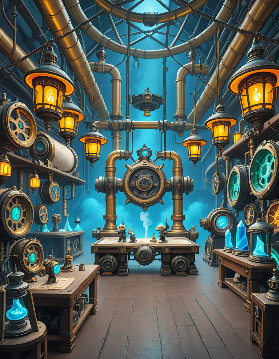 A highly detailed and immersive gnome workshop inspired by World of Warcraft, filled with intricate mechanical devices, glowing gadgets, and arcane-infused machinery. The workshop is cluttered with blueprints, gears, and steam-powered contraptions, creating a vibrant steampunk-fantasy aesthetic. The lighting comes from flickering arcane lamps, neon-colored tubes, and softly glowing mana crystals, casting a warm yet mysterious ambiance. In the background, large brass pipes, rotating cogs, and suspended platforms form a complex, multi-layered workspace. A large workbench at the center is covered with half-finished inventions, from tiny clockwork creatures to experimental energy weapons. The walls are adorned with schematics, tool racks, and magical energy conduits. The atmosphere feels lively, as if gnome engineers have just stepped away from their latest tinkering project, leaving sparks flying and steam hissing from unfinished experiments. The color palette is a mix of vibrant blues, greens, and metallic hues, enhancing the high-tech yet whimsical charm of gnomish engineering.<lora:SDXLFaeTastic2400:0.4> <lora:extremely_detailed:0.4> extremely detailed,gnome w0rksh0p <lora:gnome_w0rksh0p-i:1>, Masterpiece,best quality,hi res,8k,hi res,8k,award winning,(sharp focus, intricate, highly detailed),