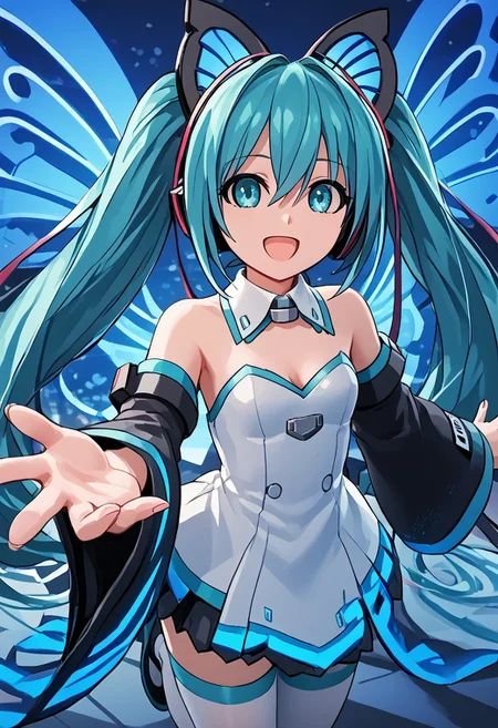 score_4,score_5,score_6,score_7_up,score_8_up,score_9 ((masterpiece,best quality,ultra detailed,highres,HD,4k:1.2)), 
Azure Striker Gunvolt(Main),
1 girl,solo,girl focus,solo focus,upper body,face focus,Sparkling eyes, shining highlights,
hatsune miku,absurdly long hair,aqua hair,twintails,hair ornament,sidelocks,hair between eyes,parted bangs,
short dress, detached collar, detached sleeves, wide sleeves, white thighhighs, bare shoulders, black shoes,butterfly ornamented shoes, cleavage,
blue wings, butterfly wings,
night,idol stage,
Sing a song, reach out your hand, open mouth,smile, smile,