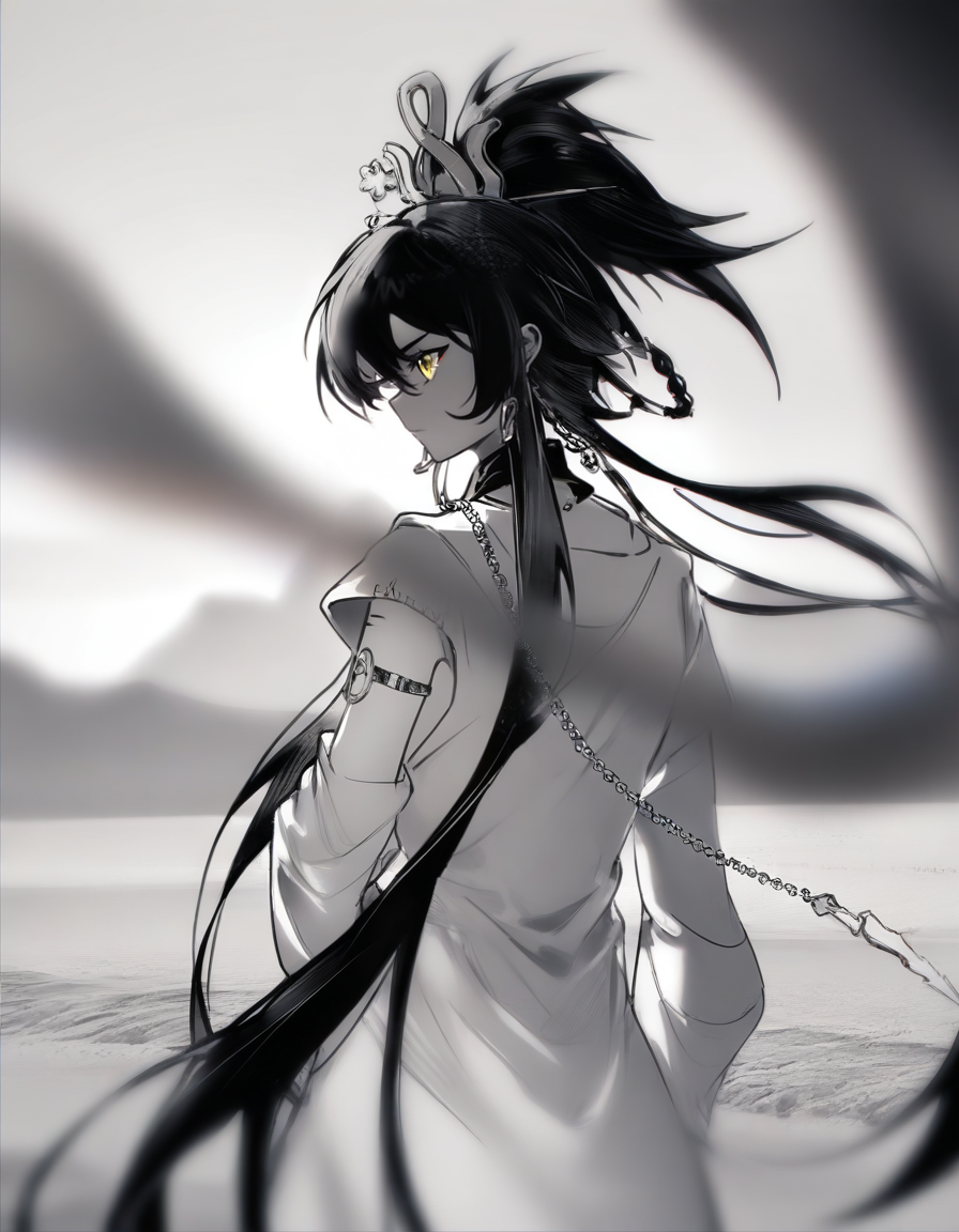 anotherstyle3,blurry,desert,monochrome,spot color,robe,
<lora:mofei_noob2:0.7>,mofei,1girl,solo,black hair,long hair,very long hair,multicolored hair,yellow eyes,braid,hair ornament,jewelry,tattoo,
masterpiece,best quality,very aesthetic,absurdres,