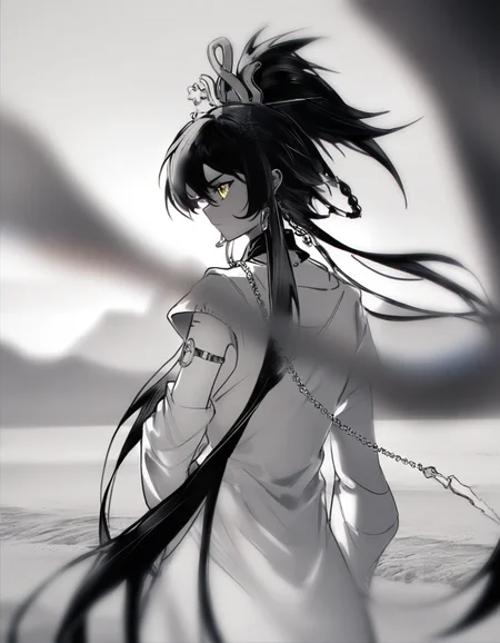 anotherstyle3,blurry,desert,monochrome,spot color,robe,
<lora:mofei_noob2:0.7>,mofei,1girl,solo,black hair,long hair,very long hair,multicolored hair,yellow eyes,braid,hair ornament,jewelry,tattoo,
masterpiece,best quality,very aesthetic,absurdres,