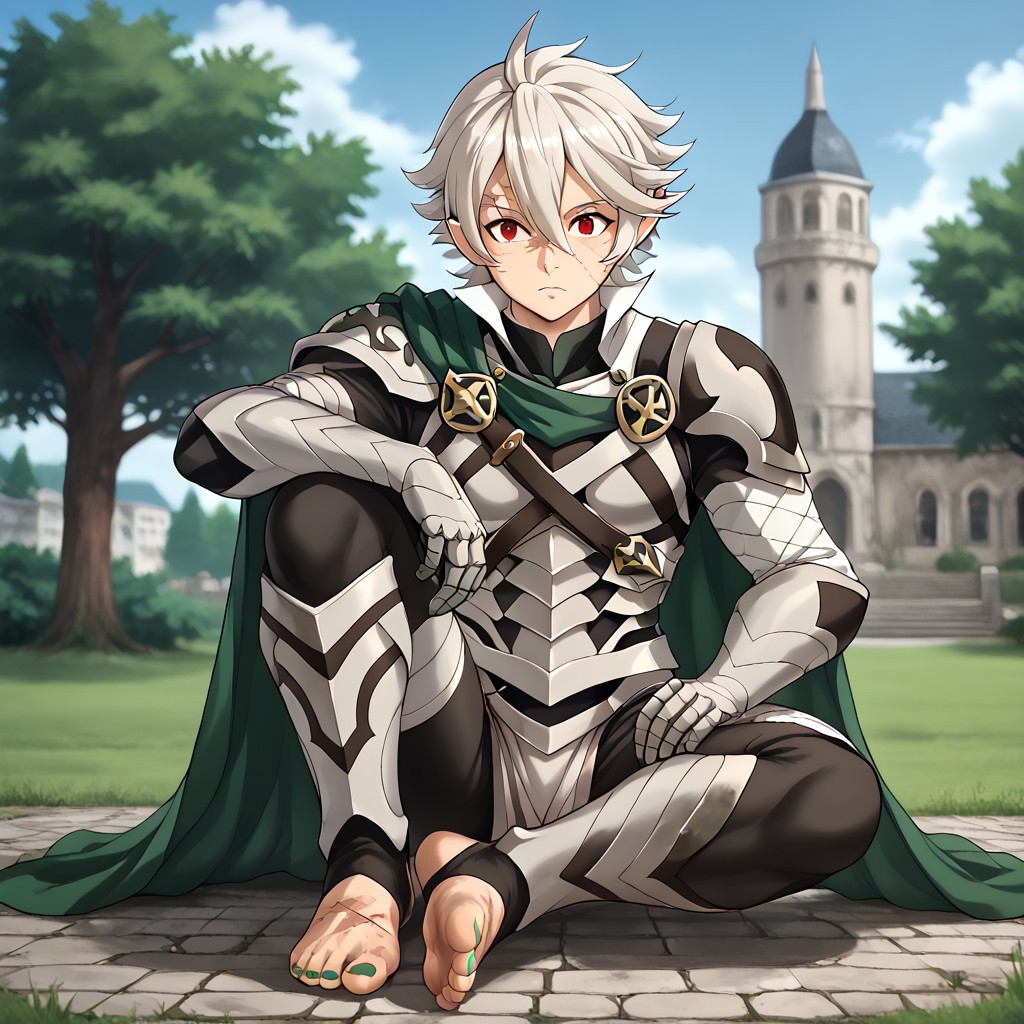 masterpiece, best quality, sharp aliasing, highly detailed, 1male, male body, male,EPfeCorrin, dark green cape, armour, dark green gloves, black pants, wearing pants, outdoors, evening, stone ground, tree, bush, buildings, windy, barefoot, toeless legwear, armoured legwear, armoured arms, shin armour, leg armour, leg and shin armour, shin guards, stirrup legwear, dark green stirrups, 5 toes, Quality, High Definition, Full body view, solo, slimes_sanemi, scar, scars, scar on face, scar on chest, scar on forehead, white hair, muscular, red eyes, slit eyes, pointy ears, sitting, green sword, green toenails, dirty feet