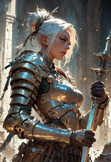 score_9, score_8_up, score_7_up, score_6_up, score_5_up, score_4_up,<lora:Fant5yP0ny:0.8>, 1girl, white hair, warrior, holding a sword, armored, in a castle, fantasy,solo focus,epic