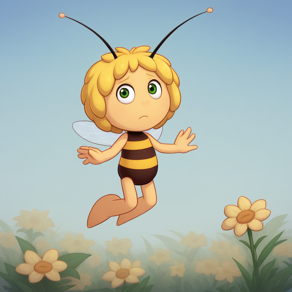 score_8_up, BREAK,  no humans, 1girl, solo, Maya,  green eyes,  antennae, yellow skin, yellow hair, striped,  <lora:MayaTheBee_PXL_Leaf1:1>, flying, flower, blue sky,
