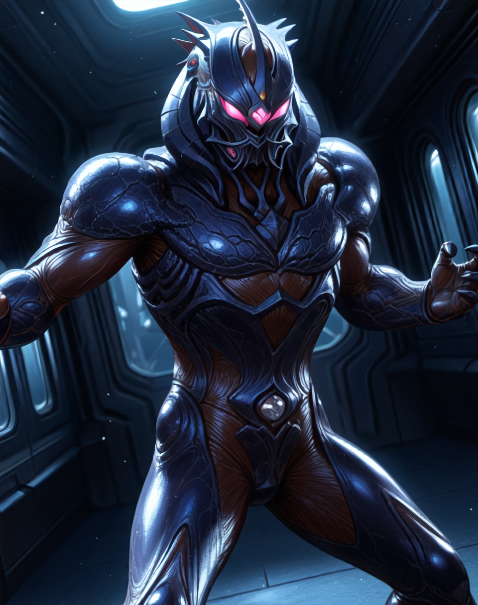 perfect depth of field shot, masterpiece, beautiful, sharp focus, crisp details,
<lora:Dark_Hero_(Guyver)_(Illustrious)_(AD):1.5> Dark_Hero, Guyver, bioboosted armor, 
((exterior, science fiction, high science fiction, action anime style background, dark spaceship interior, photographic realism, 8K CGI render, 
dynamic action, dynamic perspective, dutch angle, bent knee, cowboy shot,
male focus, gradient style anime coloring, strong, fighting scene, solo, ):1.5), 
EZRealPONYXL, zPDXL, Smooth Quality, lazynsfw,