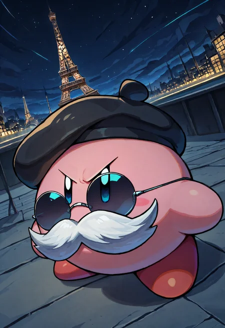 masterpiece, best quality, kirby, big fake mustache, black french beret, lit eiffel tower, night, dark enviroment, sunglasses, circle-frame eyewear, thick hair, rimless eyewear, dutch angle,