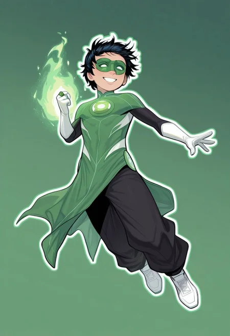 masterpiece, absurdres, high quality, perfect anatomy, 1boy, solo, cute boy, male focus, TaiPham, Black Hair, Green Lantern Ring, Green Lantern Costume, Green and Black Bodysuit, Green Domino Mask, White Eyes, White Gloves, Pelvic Curtain, Black Pants, White Shoes, Glowing Green Outline, Green Energy Aura, floating, levitating, big smile, cinematic, intricately detailed illustration, depth of field, masterpiece, best quality, amazing quality, very aesthetic, absurdres, newest, very awa,  shadow, dynamic angle, casual cosplay, dynamic pose, simple background, green theme