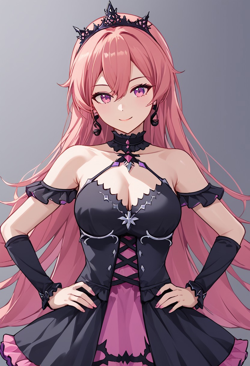 1girl, solo, RunieRuse, long hair, earrings, black tiara, purple eyes, bangs, pink hair, very long hair, hair between eyes, pink eyes,
black dress, jewelry, bare shoulders, cleavage, detached sleeves, collarbone, frills, halterneck, frilled dress,
hands on own hip, smile, head tilt,