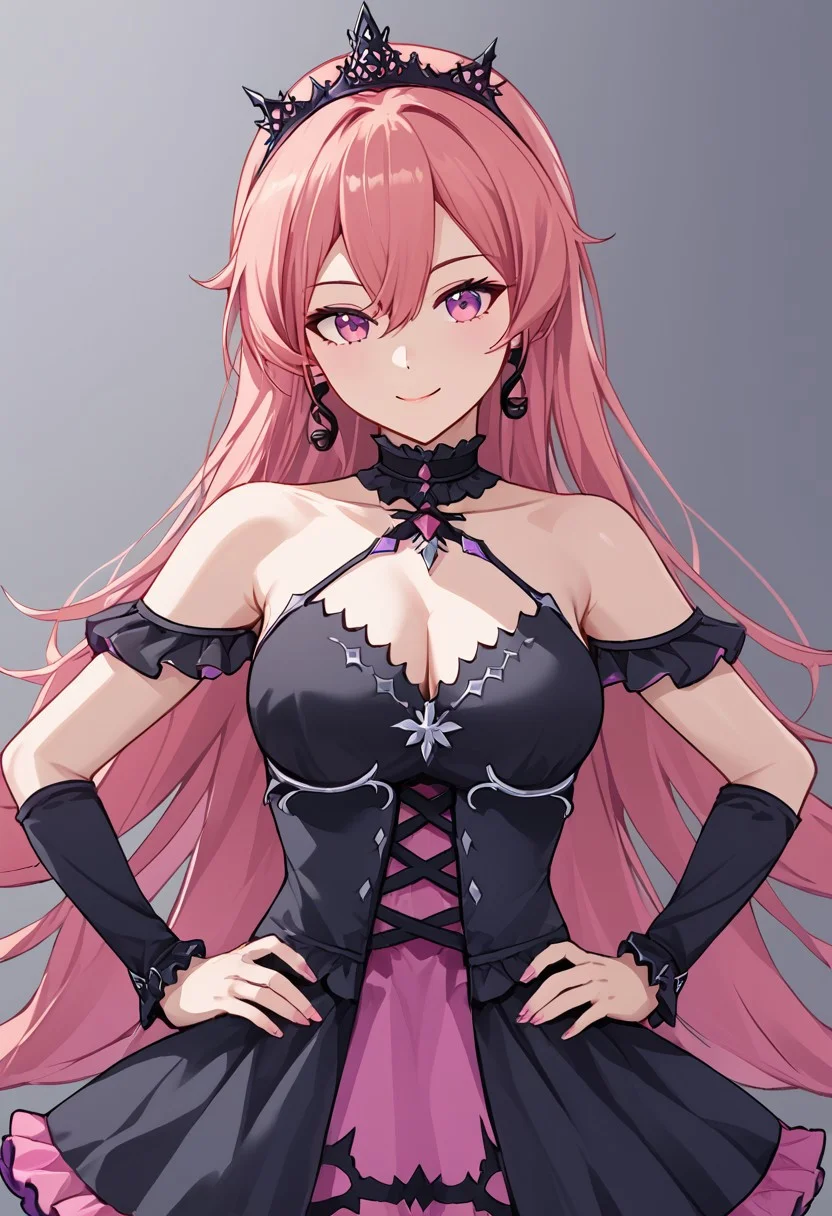 1girl, solo, RunieRuse, long hair, earrings, black tiara, purple eyes, bangs, pink hair, very long hair, hair between eyes, pink eyes,
black dress, jewelry, bare shoulders, cleavage, detached sleeves, collarbone, frills, halterneck, frilled dress,
hands on own hip, smile, head tilt,