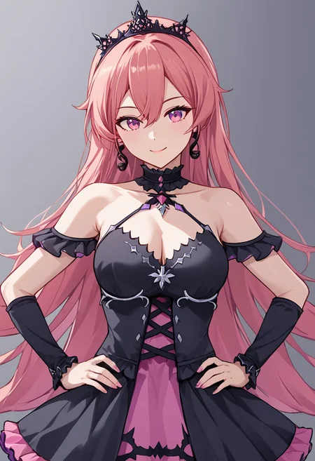 1girl, solo, RunieRuse, long hair, earrings, black tiara, purple eyes, bangs, pink hair, very long hair, hair between eyes, pink eyes,
black dress, jewelry, bare shoulders, cleavage, detached sleeves, collarbone, frills, halterneck, frilled dress,
hands on own hip, smile, head tilt,